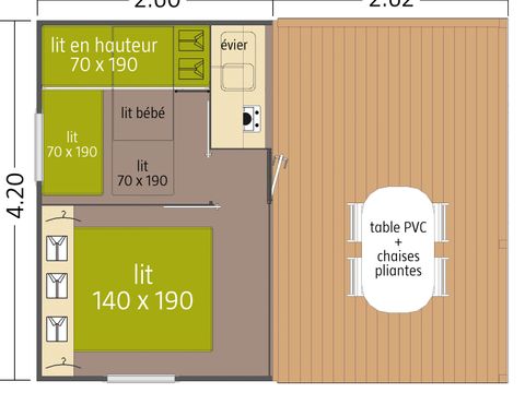 BUNGALOW TOILÉ 4 personnes - Cabane ROBINSON 2 chambres (superficie 21m² - sans sanitaires)