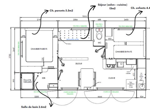 Mobilhome 4 personnes - Homeflower Premium 26,5m² - 2 chambres + terrasse + TV + lave-vaisselle + Clim + Draps + Serviettes