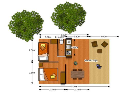Tente en toile et en bois 4 personnes - Lodge Safari - 25m² - 2 chambres + terrasse 10m2