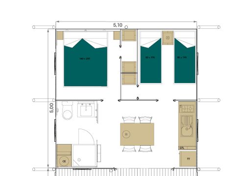 Tente en toile et en bois 4 personnes - Safari Lodge - 2 chambres : 26m² - terrasse semi-couverte 25m² 4 pers.