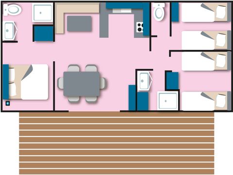 Mobilhome 6 personnes - Cottage family 2 salles de bain - 3 chambres : 37 m² + 18 m² de terrasse semi couverte