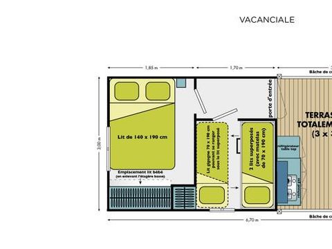 Bungalow toilé 5 personnes - Cabane Nature - 2 chambres-sans - Sanitaires-terrasse couverte-19m²-sans - TV