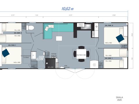 Mobilhome 8 personnes - Family - 4 chambres - PREMIUM - 38m²-Roselune-Clim-TV-lave-vaiss.-plancha-terrasse - XXL couverte