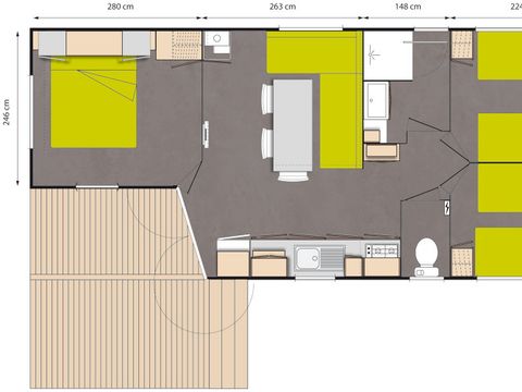 Mobilhome 6 personnes - Grand confort Tamaris 6 personnes - 3 chambres, climatisé, téléviseur