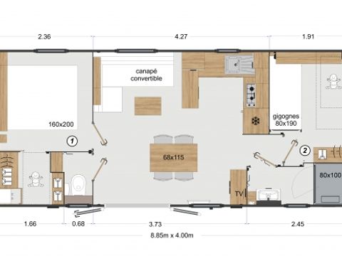 Mobilhome 4 personnes - Cottage avec terrasse - 2 chambres/ - 1 SdBb au domaine camp'hotel du Perche Bellêmois