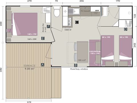 Mobilhome 6 personnes - Comfort | 2 Ch. | 4/6 Pers. | Terrasse simple | Clim. | TV