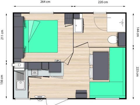 MOBILHOME 2 personnes - Standard 20m² - (2pers) 1 chambre + SDB/WC + TV + Terrasse