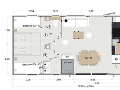 Mobilhome 6 personnes - ELEGANCE 40m² - 3 chambres - 2 salles de bain - Climatisation - Terrasse 27m² - Nouveauté 2024
