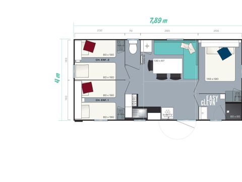 Mobilhome 8 personnes - Climatisé de 28.3m² - 3 chambres - Terrasse semi couverte 22.5m²