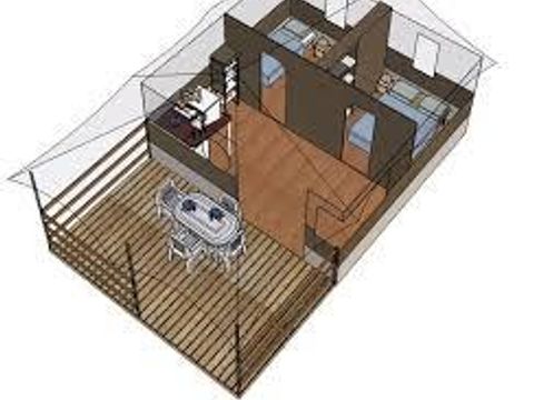 Tente en toile et en bois 5 personnes - Freeflower Confort 37m² - 2 chambres - Terrasse couverte 13m² - Sans sanitaires