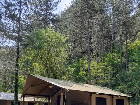 TENTE TOILE ET BOIS 5 personnes - Lodge Insolite Pinède 46m² - 2 chambres + Terrasse couverte + Plancha