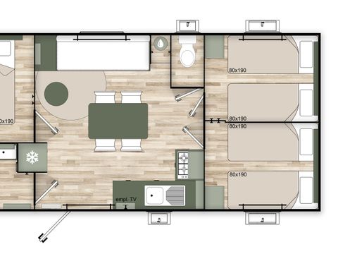MOBILHOME 6 personnes - Premium Trendy 33m² - 3 chambres + terrasse couverte + Clim + TV