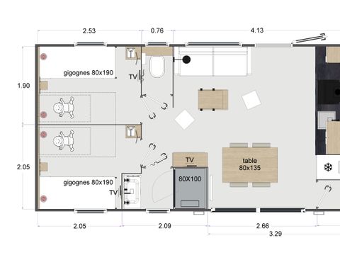 Mobilhome 1/6 personnes - Crecy : - KING - 3 chambres - 2 salles de bain - 1 TV - AVEC CLIMATISEUR - DRAPS ET SERVIETTES INCLUS