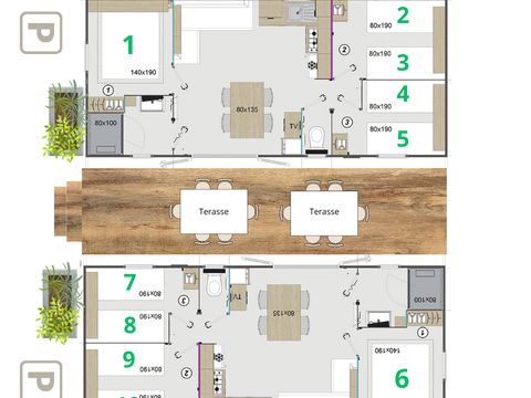 Mobilhome 6 personnes - LODGE - TWIN - 6 chambres - 2 salles de bain 1/12 pers