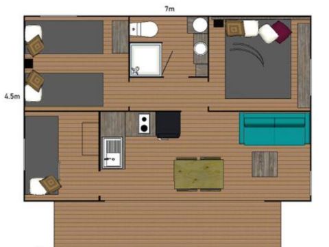 TENTE TOILE ET BOIS 6 personnes - Ecolodge Cotton Confort 35m² - 3 chambres - terrasse couverte de 11m² + TV 6 pers