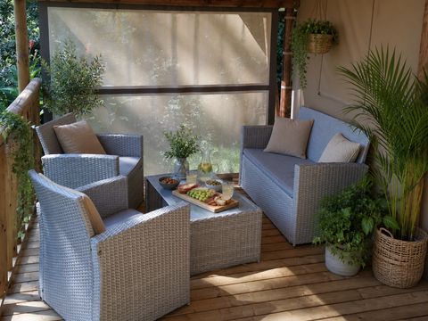 Tente en toile et en bois 4 personnes - Tente Lodge - 2 chambres + terrasse - avec sanitaires