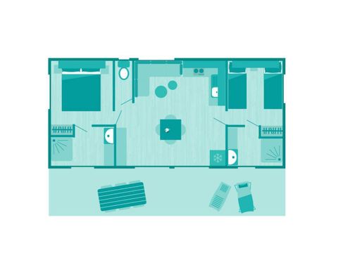 MOBILHOME 4 personnes - Comfort | 2 Ch. | 4 Pers. | Terrasse surélevée | 2 SDB | Clim. | TV