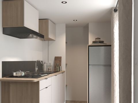 MOBILHOME 4 personnes - Mobil-home PREMIUM 4p (33m²) , 2 chbres, clim, TV, Lave-vaisselle, terrasse, lit Queen Size