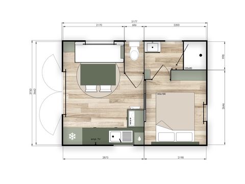 MOBILHOME 2 personnes - Mobil-home PREMIUM 2p (20m²) , 1 chbre, climatisation, TV, Terrasse, lit queen size