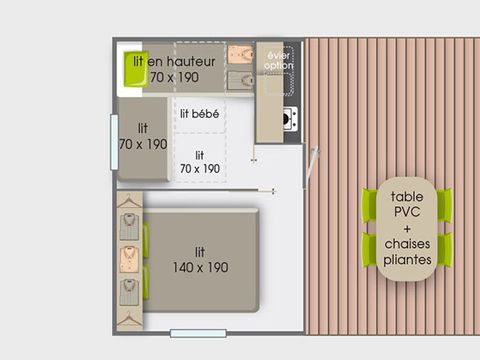 Bungalow toilé 5 personnes - Tithome 21m² - Standard - 2 chambres - Sans sanitaire - Terrasse toilée