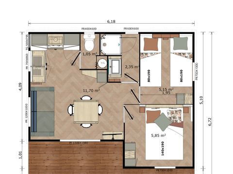 Chalet 4 personnes - Mimosa - 2 chambres avec climatisation