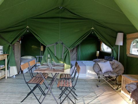 Tente en toile et en bois 4 personnes - Freeflower CONFORT 37m² (2 chambres) dont terrasse couverte 13m²