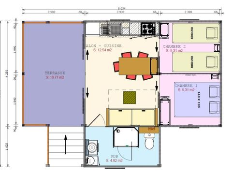 Hébergement 5 personnes - Cosyflower Premium 38m² (2 chambres) + TV + lave-vaisselle + draps + serviettes + terrasse couverte | 4/5 personnes