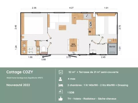 MOBILHOME 4 personnes - Cottage PREMIUM 3 Pièces 4 Personnes +TV