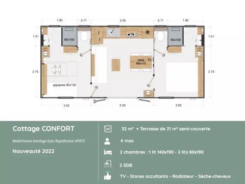 MOBILHOME 4 personnes - Cottage CONFORT PREMIUM 3 Pièces 4 Personnes + TV 2sdb