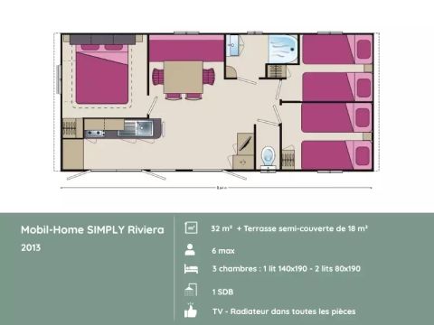 Mobilhome 6 personnes - SIMPLY RIVIERA – 3 chambres, 6 personnes