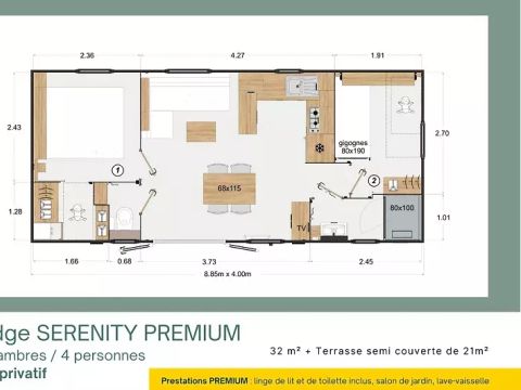 MOBILHOME 4 personnes - Lodge SERENITY-PREMIUM 3 Pièces 4 Personnes + SPA + TV