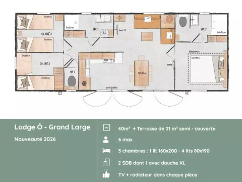 MOBILHOME 6 personnes - Lodge O Grand Large - 4 Pièces pour 6 Personnes + TV