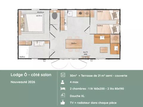 MOBILHOME 4 personnes - Lodge O Côté Salon - 3 Pièces pour 4 Personnes + TV