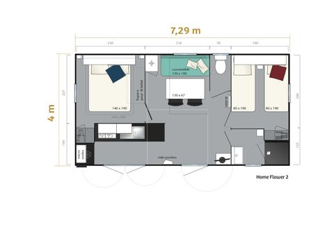 MOBILHOME 4 personnes - Homeflower Premium 29m² (2 chambres) + CLIM + terrasse semi-couverte + TV + draps + serviettes 4 pers.