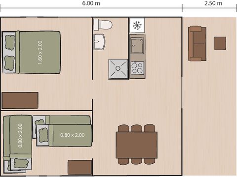 Tente en toile et en bois 5 personnes - Tente safari Sorella + sanitaires + climatisation (6P)