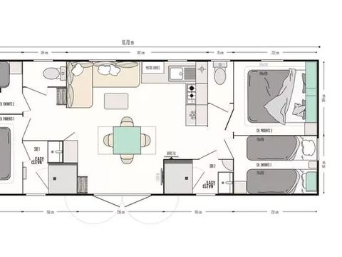 Mobilhome 8 personnes - Comfort | 4 Ch. | 6/8 Pers. | Terrasse surélevée | Outdoor kitchen | 2 SDB | Clim.
