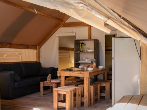 Tente en toile et en bois 5 personnes - Tente 2ch. GENET (2023) 21m² + terrasse semi-couverte 4/5 pers