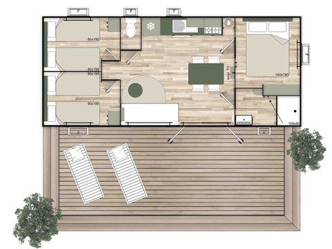 Mobilhome 7 personnes - Mobil-home 35m² Premium (3 chambres) + Terrasse + LV + TV + Clim