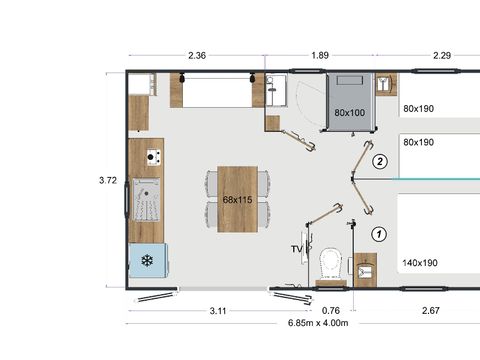 MOBILHOME 4 personnes - Palmy Premium 24,5m2 (2ch -  4pers) + CLIM + TV + LV + Terrasse Couverte