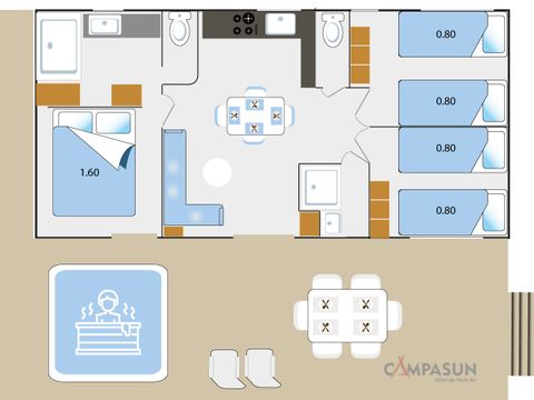 MOBILHOME 6 personnes - TAOS Luxe 40m2 terrasse couverte + Jacuzzi privatif - 6 pers 3 chambres 2 sdb - clim