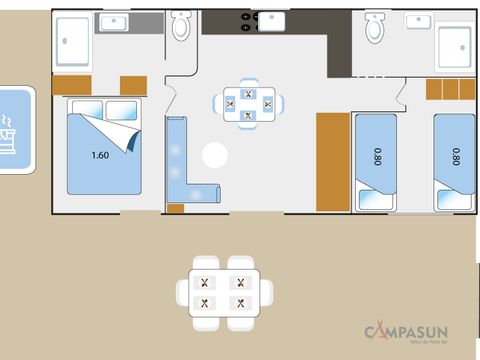 MOBILHOME 4 personnes - TAOS Luxe 35m2 terrasse couverte + Jacuzzi privatif - 4 pers 2 chambres 2 sdb - clim