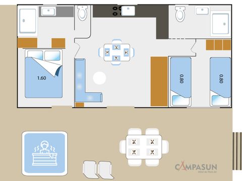 MOBILHOME 4 personnes - TAOS Luxe 35m2 terrasse couverte + Jacuzzi privatif - 4 pers 2 chambres 2 sdb - clim