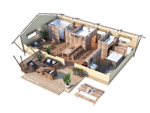 Tente en toile et en bois 7 personnes - TENTE LODGE 49 m2 3 ch 6/7 personnes
