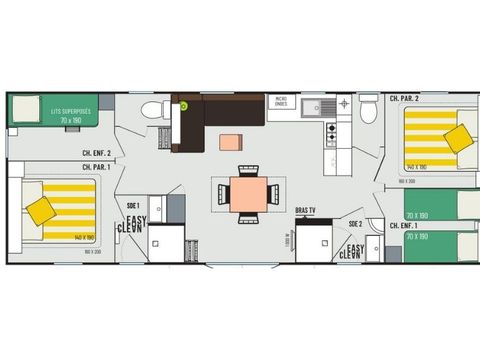 Mobilhome 8 personnes - Confort+ - 4 chambres - 2 salles de bain 40m²