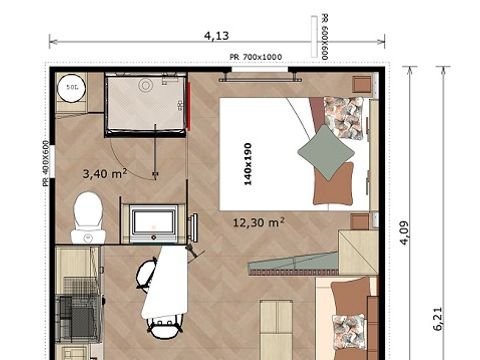 CHALET 2 personnes - Confort 16m² - 1 chambre + Terrasse couverte + Clim réversible + TV