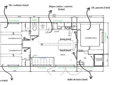 MOBILHOME 7 personnes - Homeflower Premium 30m² - 3 chambres