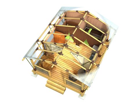 Tente en toile et en bois 5 personnes - Ecolodge toilé meublé 35 m² - 2 chambres - sans sanitaires - terrasse couverte face aux étangs