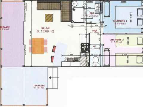 Tente en toile et en bois 5 personnes - Sweetflower Confort 43m² (2 chambres) + TV + draps + serviettes + terrasse semi-couverte de 11m² 4/5 pers.