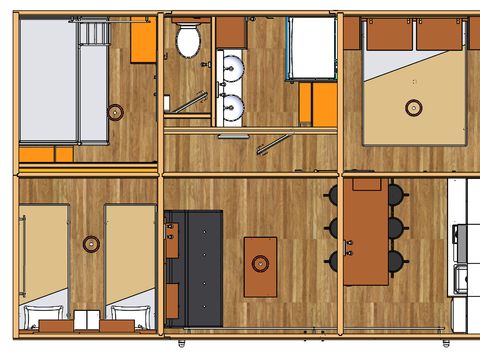 MOBILHOME 7 personnes - Gamme FAMILY Chalet PORTLAND- Grande baie vitrée pour accéder à la terrasse : luminosité garantie!