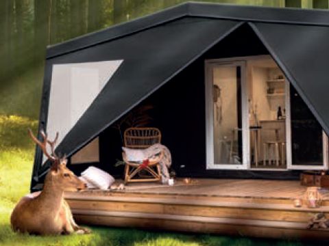 TENTE TOILE ET BOIS 4 personnes - Ecrin Cocoon Insolite 16m² (sans sanitaires) 2 chambres + Terrasse couverte 14 m²+ TV + Coin Cuisine 4 pers
